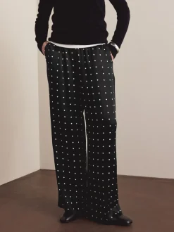 Noir/Blanc à pois - Pantalons en satin à jambe large et taille ceinturée