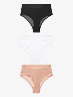 Noir/Blanc/Nu - Mesh Trim Taille haute High Leg Knickers 3 Lot