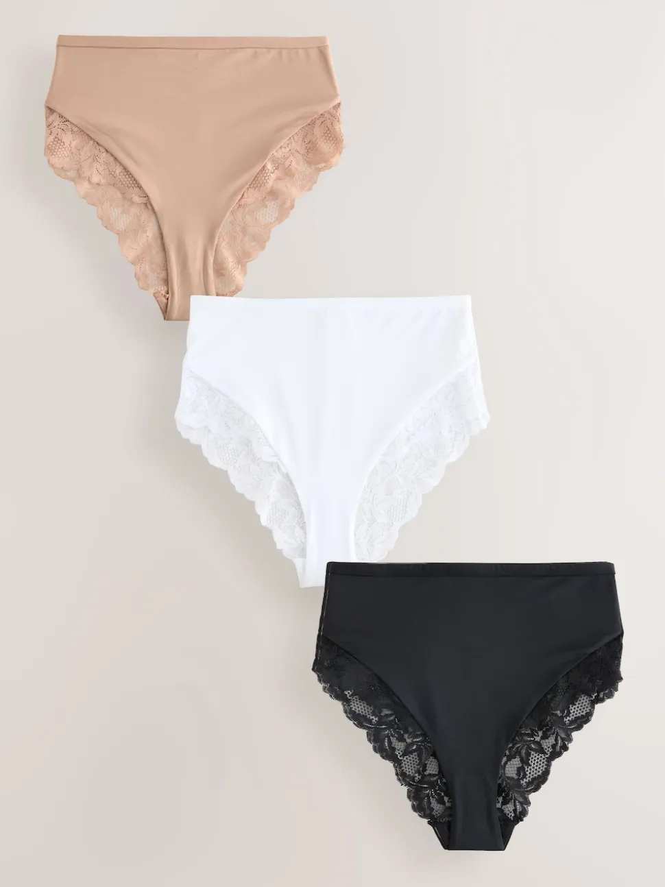 Noir/Blanc/Ppraline Nude - Lot de 3 culottes taille haute en microfibre et dentelle