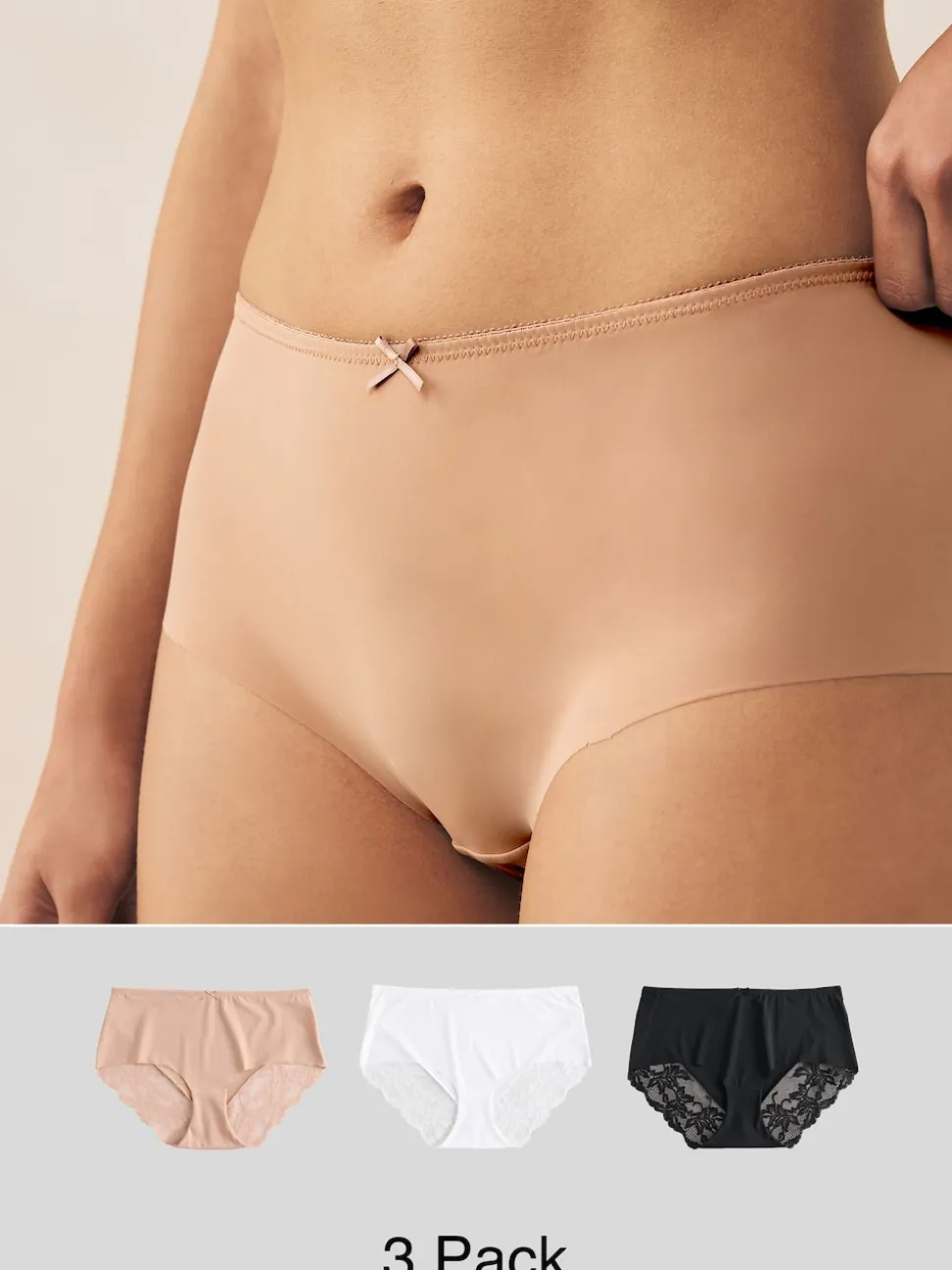 Noir/Blanc/Ppraline Nude - No VPL Lace Back Briefs 3 Pack