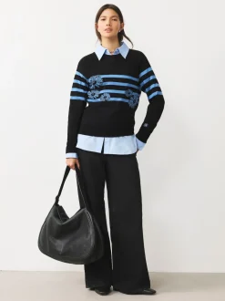 Noir/Bleu à Rayure Fleurie - Pull col rond riche en coton au toucher doux