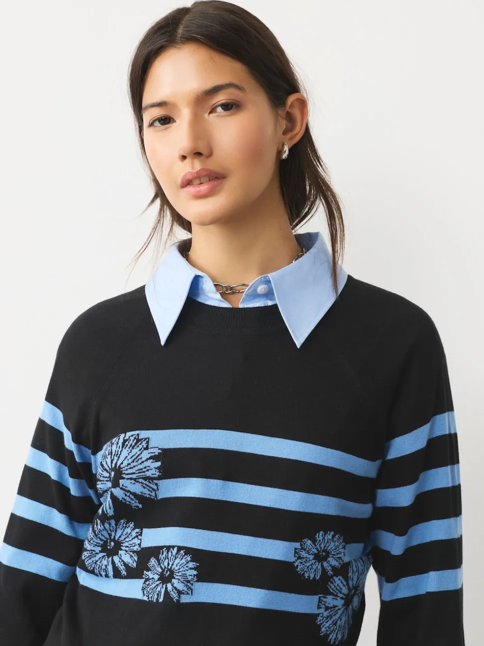 Noir/Bleu à Rayure Fleurie - Pull col rond riche en coton au toucher doux
