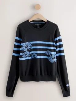 Noir/Bleu à Rayure Fleurie - Pull col rond riche en coton au toucher doux