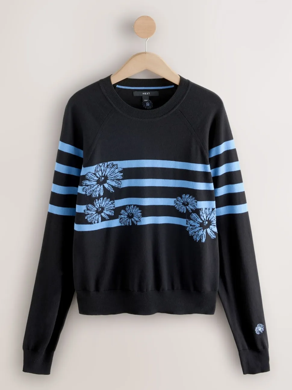 Noir/Bleu à Rayure Fleurie - Pull col rond riche en coton au toucher doux