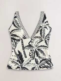 Noir/Crème Palmier - Top de Tankini Plongeant avec Contrôle du Tummy
