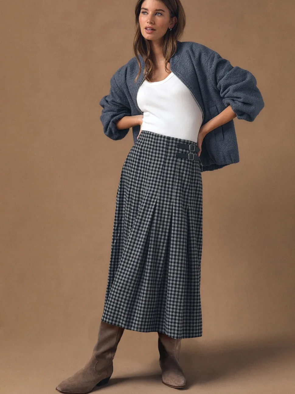 Noir/Gris - Jupe mi-longue kilt vichy