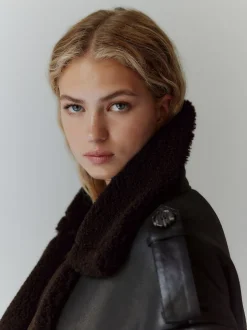 Noir/Marron Chocolat - Veste aviateur raccourcie en faux shearling