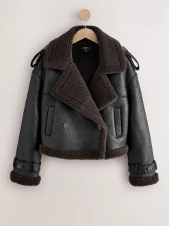 Noir/Marron Chocolat - Veste aviateur raccourcie en faux shearling