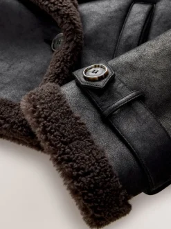 Noir/Marron Chocolat - Veste aviateur raccourcie en faux shearling