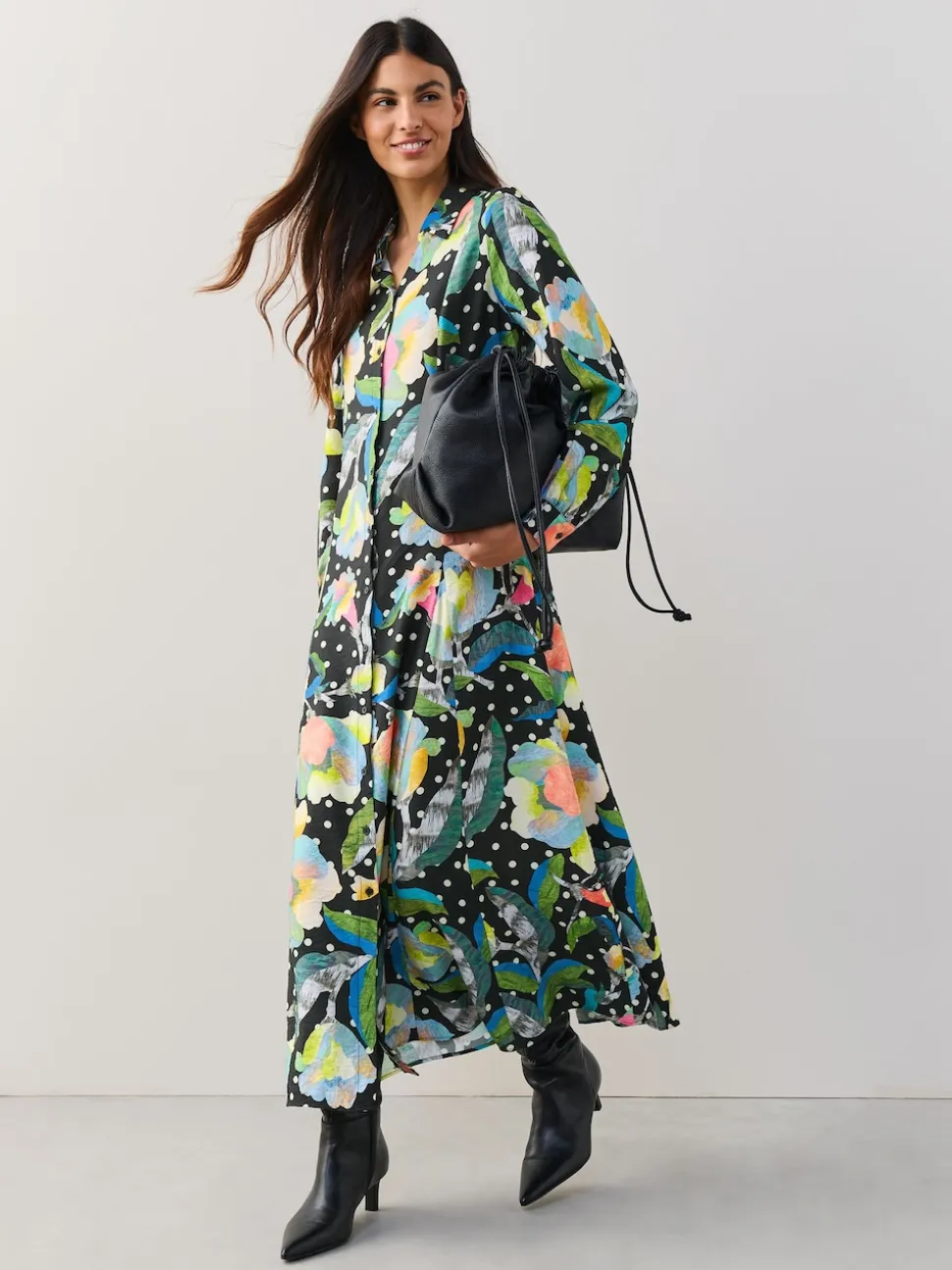 Noir/Multicolore Fleuri - Robe chemise mi-longue à manches longues