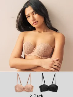 Noir/Praline Nude - Lot de 2 Soutiens-gorge multipositions sans bretelles à dentelle légère A-E