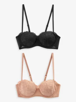 Noir/Praline Nude - Lot de 2 Soutiens-gorge multipositions sans bretelles à dentelle légère A-E