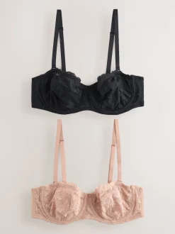 Noir/Praline Nude - Lot de 2 soutiens-gorge multipositions sans bretelles en dentelle non rembourrée