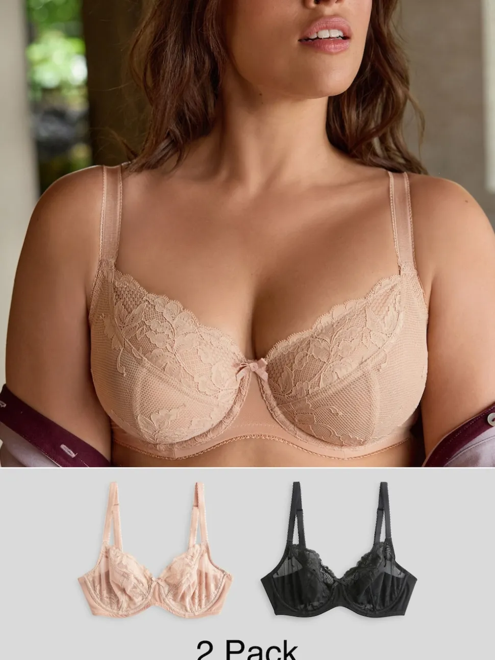 Noir/Praline Nude - Soutien-gorge en dentelle DD+ 2 Pack