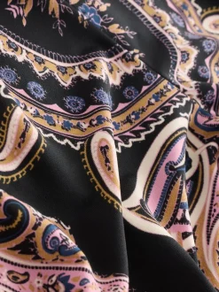 Noir/Rose Motif Paisley - Chemisier manches longues en jersey à col torsadé