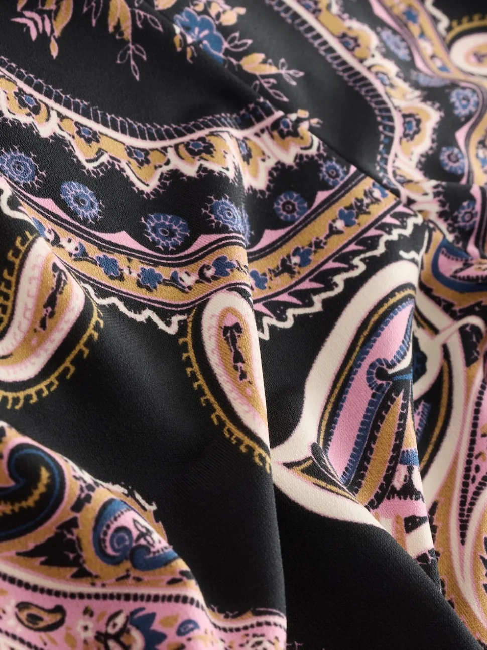 Noir/Rose Motif Paisley - Chemisier manches longues en jersey à col torsadé