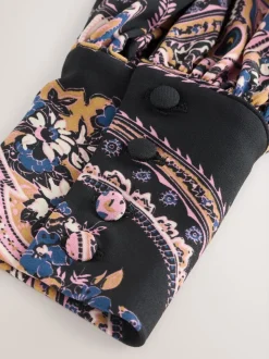 Noir/Rose Motif Paisley - Chemisier manches longues en jersey à col torsadé