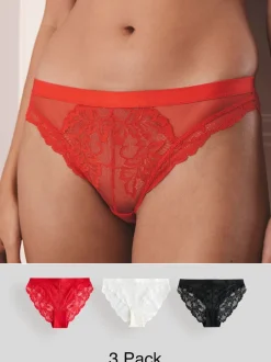 Noir/Rouge/Crème - Lot de 3 slips en dentelle