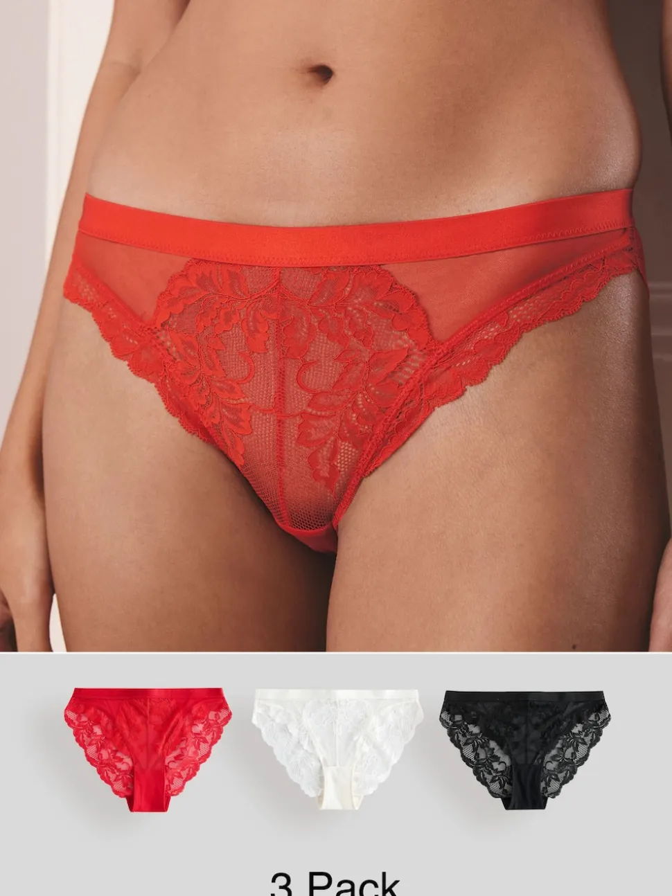 Noir/Rouge/Crème - Lot de 3 slips en dentelle