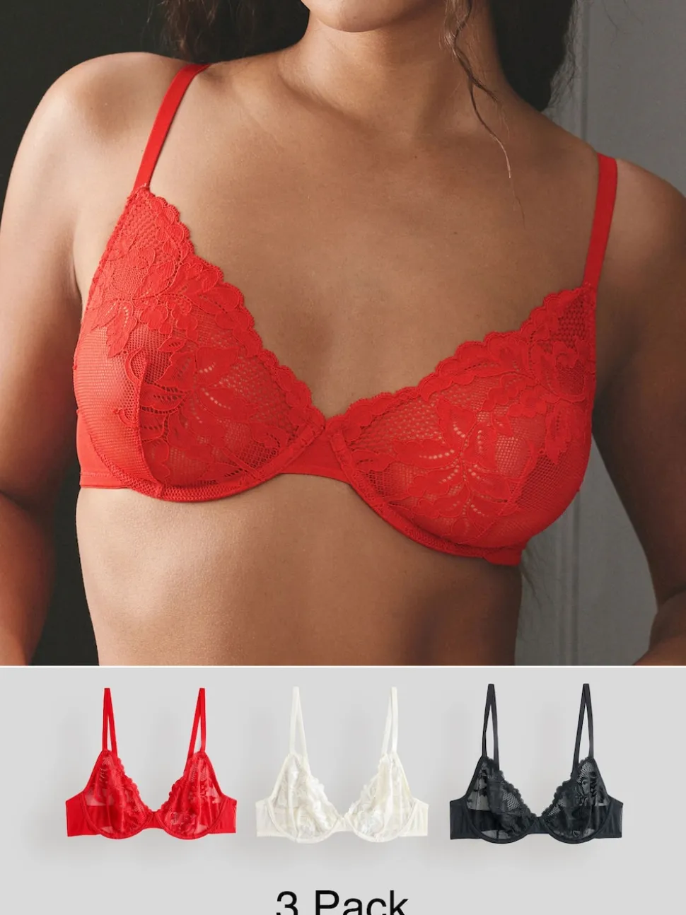 Noir/Rouge/Crème - Paquet de soutiens-gorge en dentelle 3