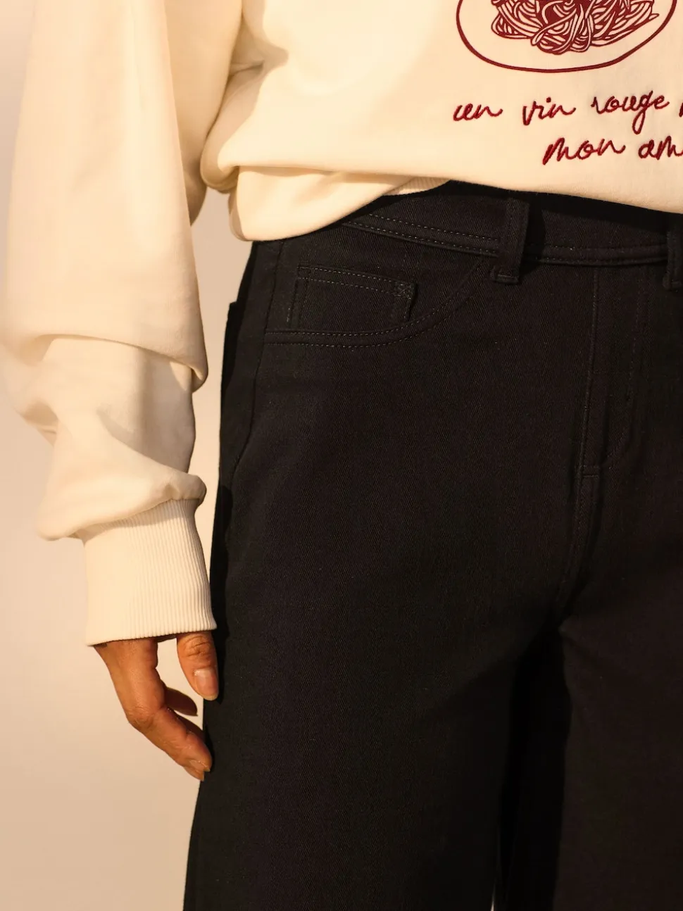 Noir/vert sauge - Lot de 2 pantalons jambes larges en denim jersey