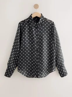 Noir/Vert sauge à pois - Chemise transparente à manches longues