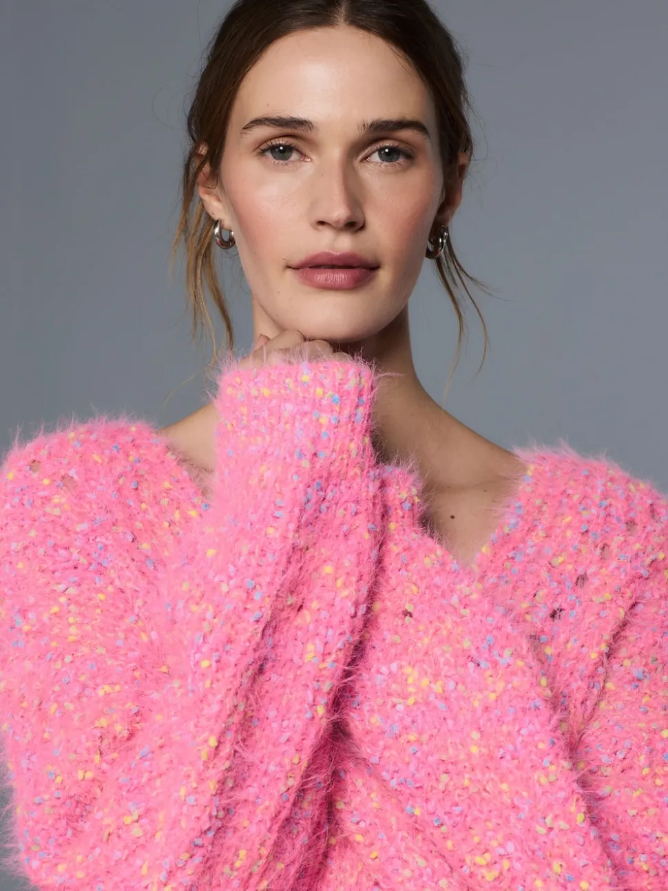 Néppy rose vif - Pull à Texture duveteuse à col en V