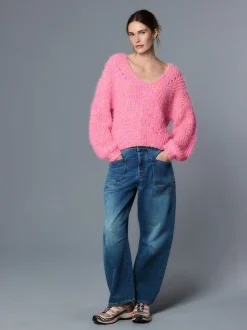 Néppy rose vif - Pull à Texture duveteuse à col en V