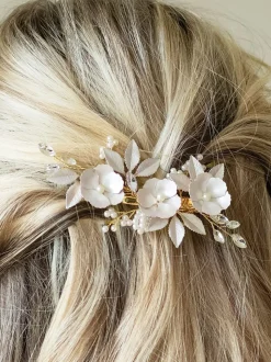 Or - Ivory & Co Pince à fleurs émaillées et cristaux de gardénia