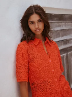 Orange - Chemise à manches courtes au crochet