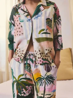 Palmiers oranges - Pyjamas boutonnés en Blend viscose/Lin