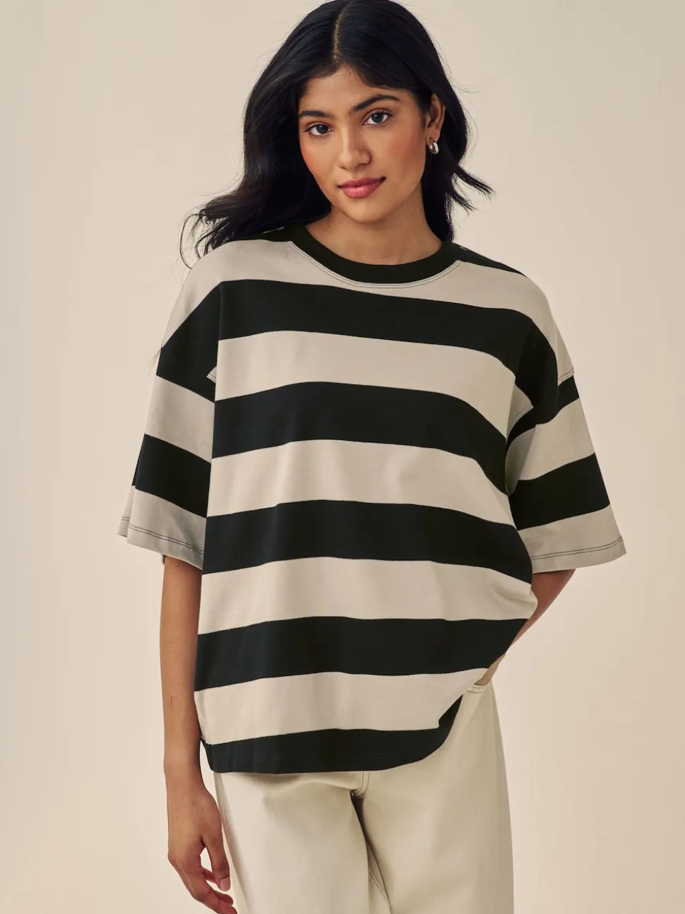 Pierre Neutre Rayure - T-shirt oversize décontracté boxy épais à col ras du cou