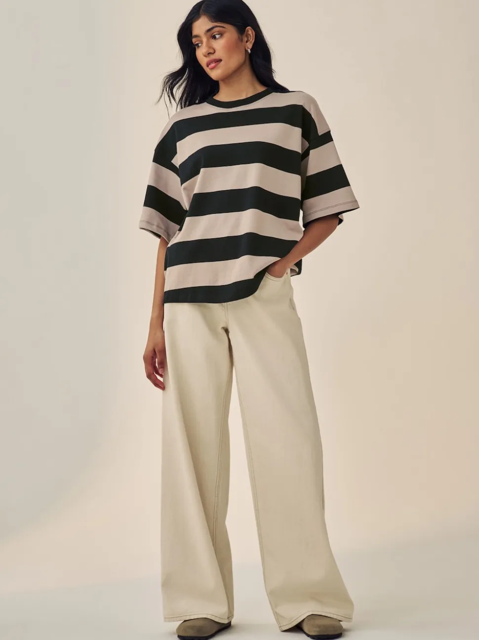 Pierre Neutre Rayure - T-shirt oversize décontracté boxy épais à col ras du cou