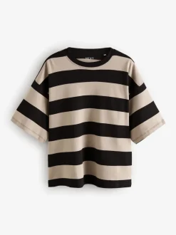 Pierre Neutre Rayure - T-shirt oversize décontracté boxy épais à col ras du cou