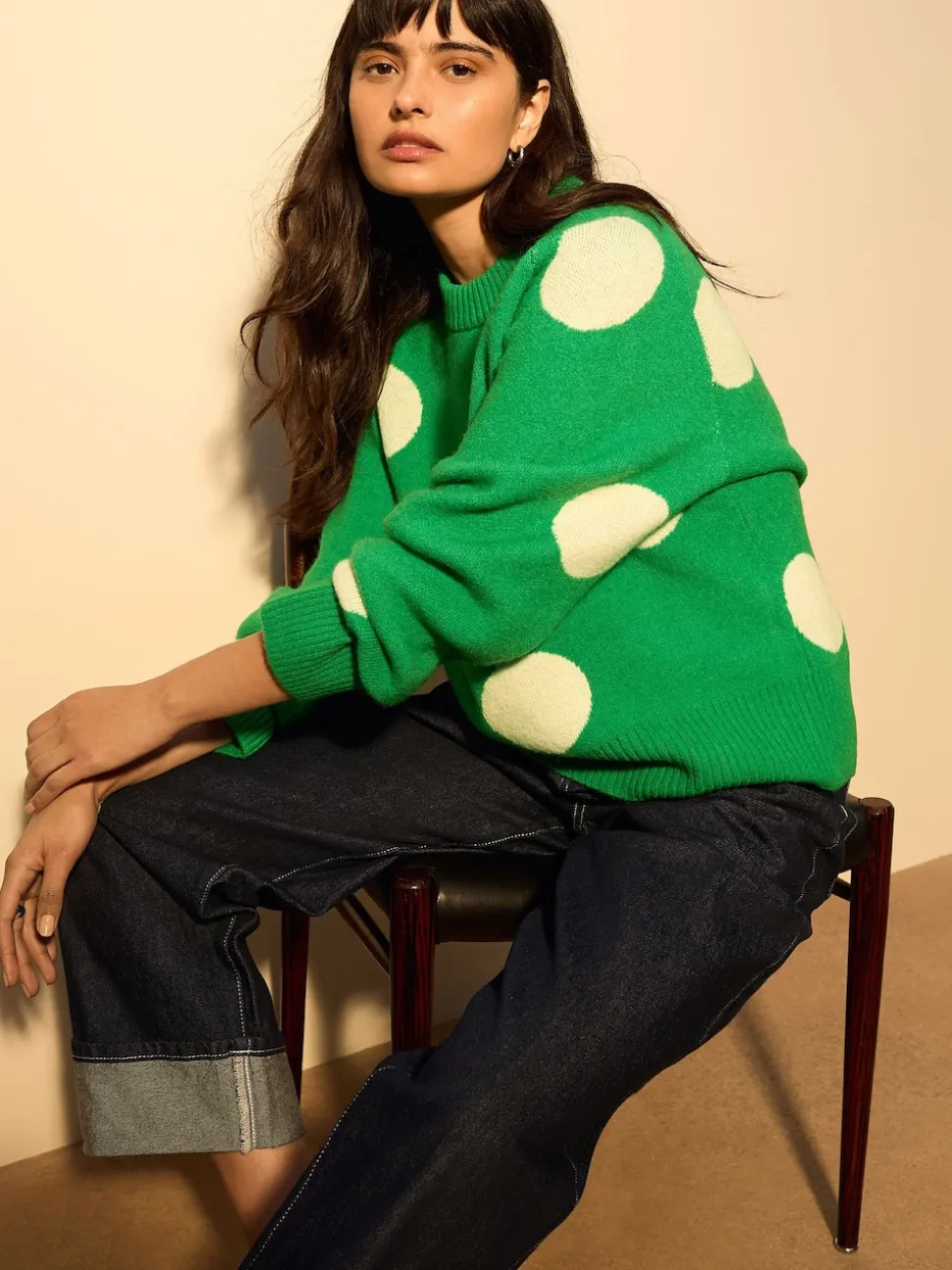Pois vert vif - Pull en maille à col rond en laine