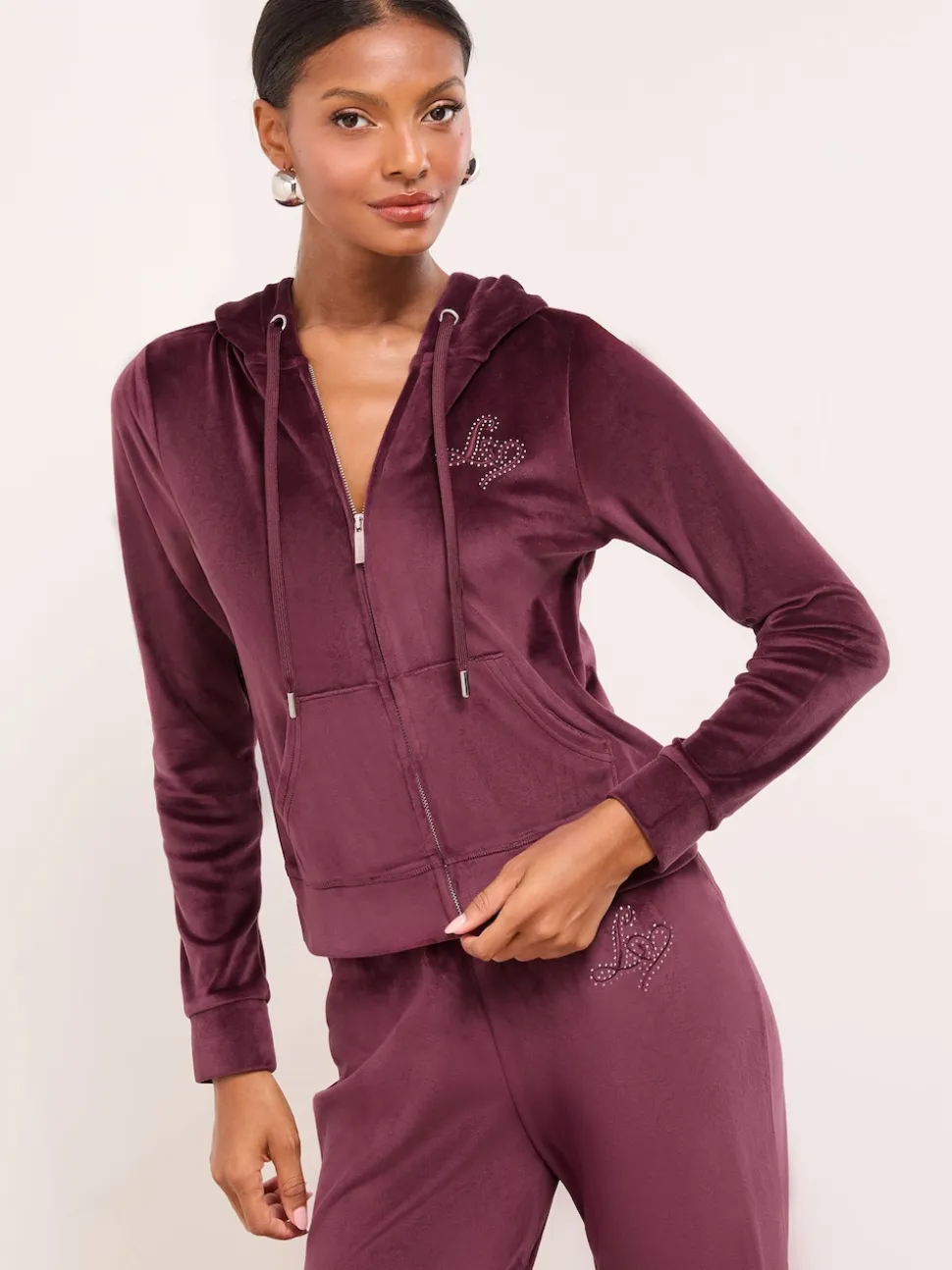 Prune violet - Lipsy Sweat-shirt à capuche zippé en velours brodé