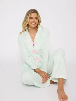 Pyjama Loungeable rayé en coton à manches longues avec nœud