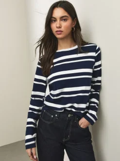 Rayé bleu marine/blanc - T-shirt à manches longues de cou d'équipage