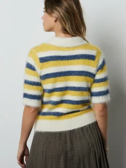 Rayé bleu/jaune - Pull polo en maille à manches courtes et boutons gemmes