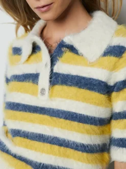 Rayé bleu/jaune - Pull polo en maille à manches courtes et boutons gemmes
