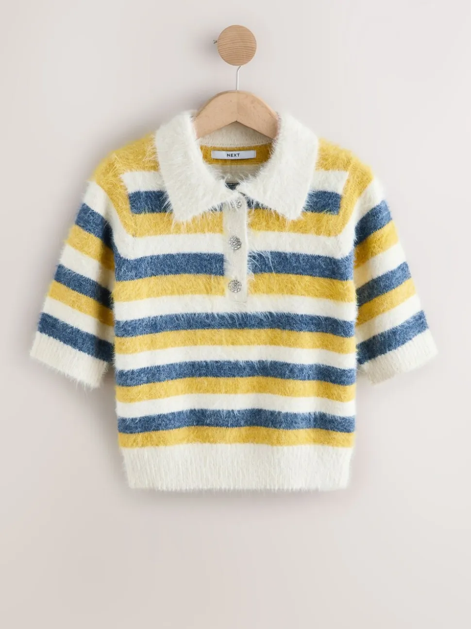 Rayé bleu/jaune - Pull polo en maille à manches courtes et boutons gemmes