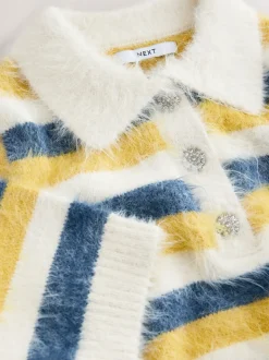 Rayé bleu/jaune - Pull polo en maille à manches courtes et boutons gemmes