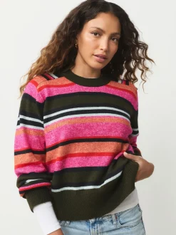 Rayé Rose/kaki brillante - Pull en maille à col rond en laine