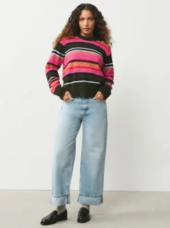 Rayé Rose/kaki brillante - Pull en maille à col rond en laine