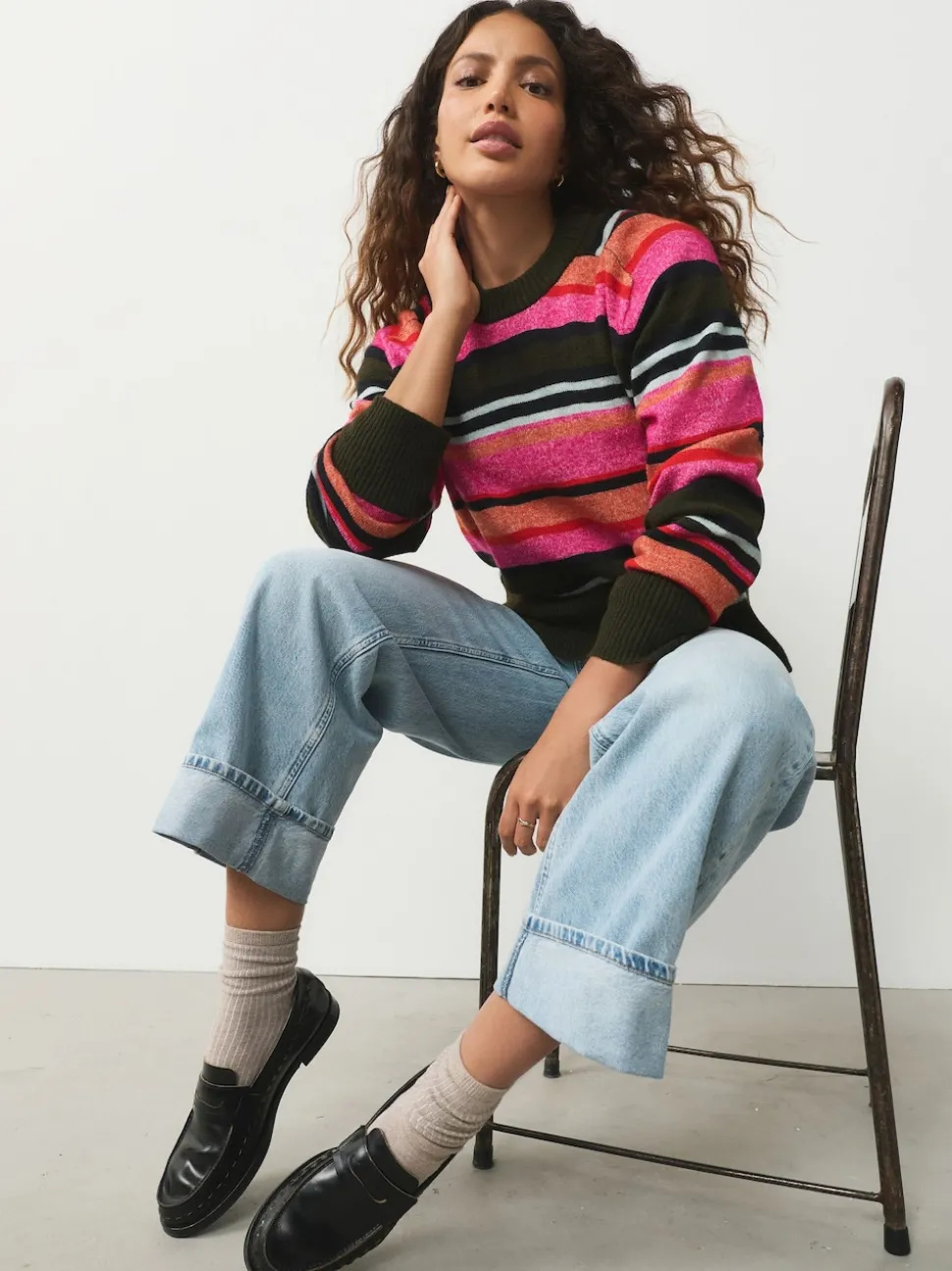 Rayé Rose/kaki brillante - Pull en maille à col rond en laine