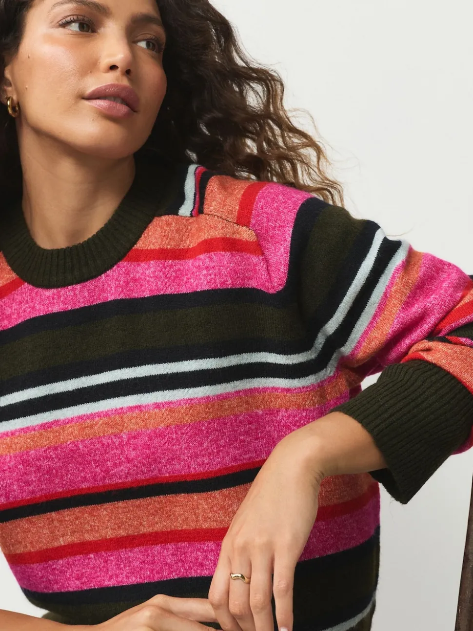 Rayé Rose/kaki brillante - Pull en maille à col rond en laine