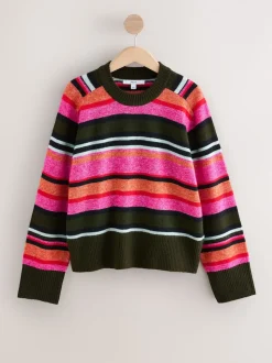 Rayé Rose/kaki brillante - Pull en maille à col rond en laine