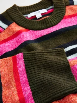Rayé Rose/kaki brillante - Pull en maille à col rond en laine