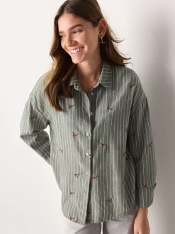 Rayé vert/blanc - Chemise brodée à manches longues