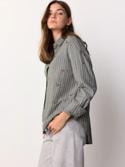 Rayé vert/blanc - Chemise brodée à manches longues